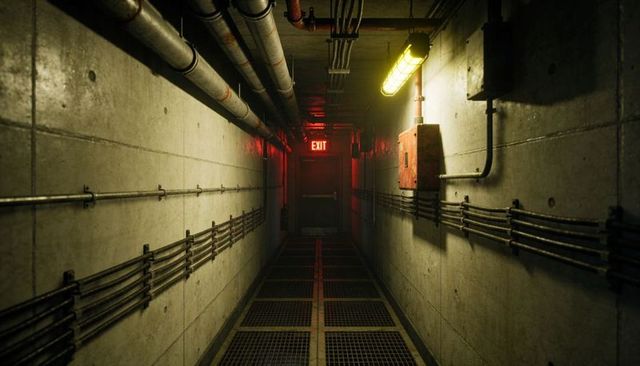 Dim industrial basement corridor leading to red exit sign with grated metal walkway and pipes