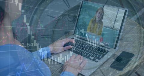 Businesswoman Engaging in Remote Meeting with Economic Data