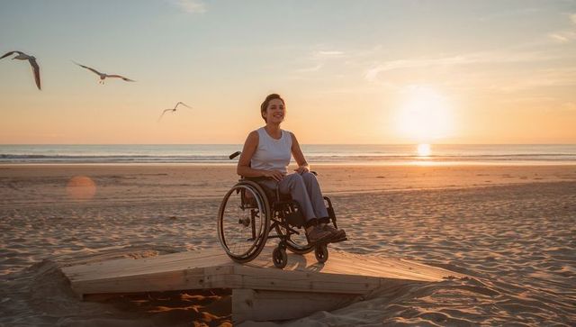 Woman in wheelchair enjoying sunset on accessible beach ramp during golden hour