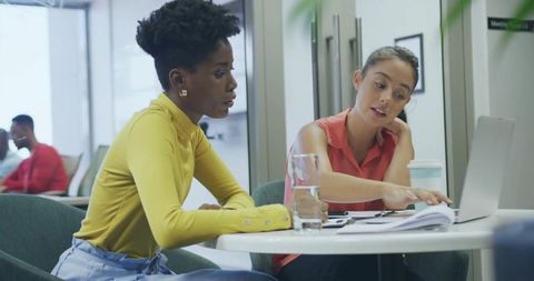 Coworker Women Discussing Work Documents in Modern Office Lounge