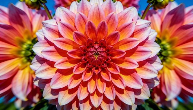 Vibrant pink orange dahlia macro bloom showing layered radial petals and central disk