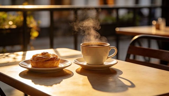 Steaming coffee cup and cinnamon spiral pastry basking in golden hour sunlight