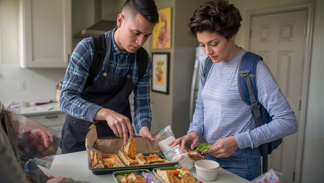 College students preparing healthy grab-and-go lunch with sandwiches and salads
