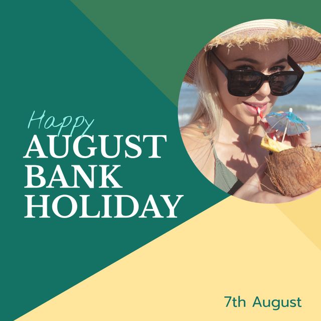 Caucasian woman on a vibrant beach enjoys August Bank Holiday while sipping from a coconut with an umbrella-modern equatorial getaway filmed under the radiant sun. Perfect for illustrating holiday-themed promotions, travel brochures or celebrating summer vibes on social media.