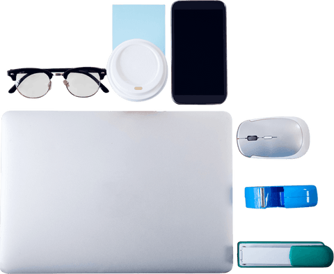 Transparent Office Flay Lay with Laptop and Accessories in High View - Download Free Stock Videos Pikwizard.com