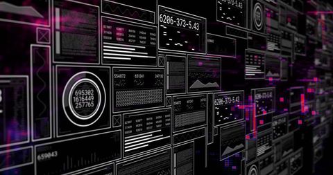Neon Data Dashboard Wall Displaying Dense Network of Digital Panels, Gauges and Graphs