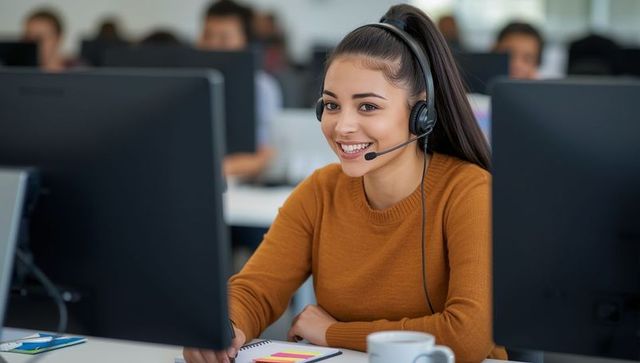 Smiling Call Center Agent Engaging Clients While Sitting at Desk