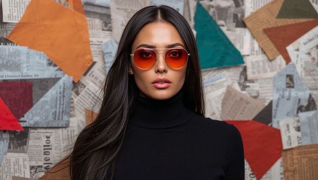 Stylish woman wearing orange sunglasses in art studio