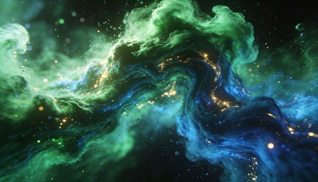 Swirling Emerald and Cyan Nebula with Golden Star Sparks in Deep Space