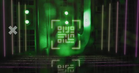 Digital data processing in glowing green server room
