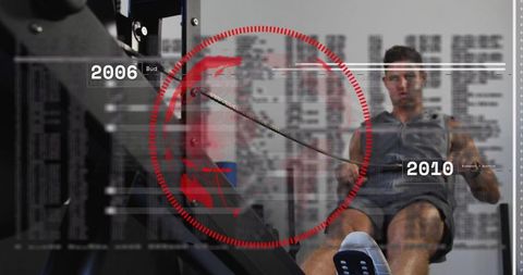 Athlete rowing on seated rower with red data hud overlay for high-intensity gym training