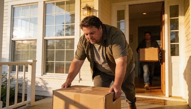 Mover pushing heavy cardboard box down sunlit front porch steps with helper carrying box