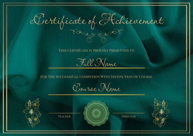 This elegant certificate of achievement is ideal for academic and professional settings. With a customizable template featuring an intricate green fabric background and ornate borders, it highlights the recipient's name and course completed. Perfect for organizations and institutions to recognize success, achievement, and distinction. Easily editable to fit various occasions such as educational awards, employee recognition, and special achievements.