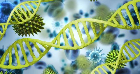 DNA Strands and Virus Cells on Abstract White Background