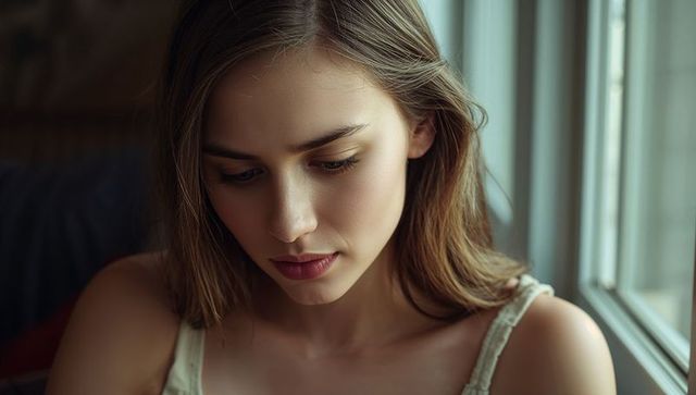 Pensive young woman gazing downward by sunlit window, intimate natural light portrait