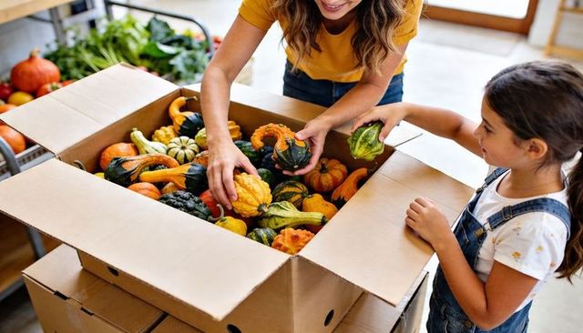 Mother and daughter selecting colorful gourds at fall farmers market