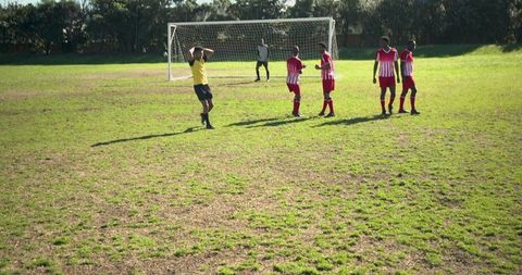 Soccer team forming defensive wall during match