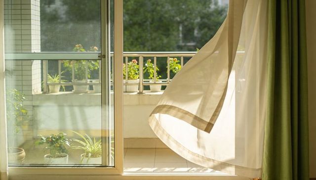 Sunlit balcony with sheer curtain blowing through sliding glass door and potted plants