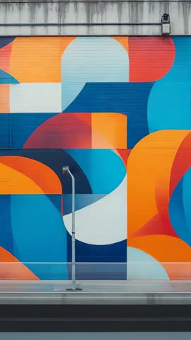 Vertical video panning right revealing colorful geometric mural with street lamp