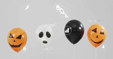 Halloween balloon lineup jack-o-lantern skull black balloon with data infographic overlays