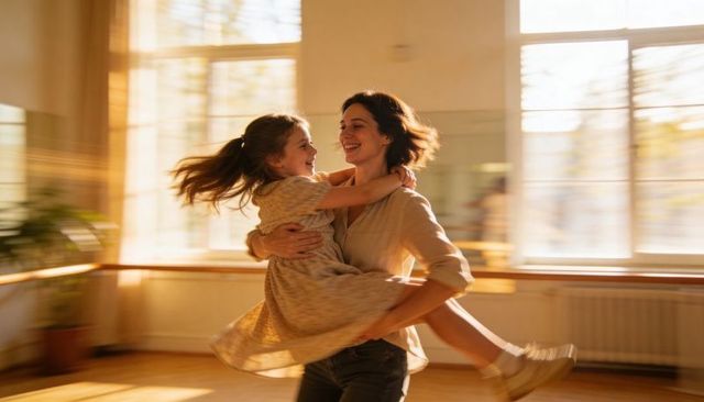 Mother spinning daughter in sunlit room near ballet barre capturing joyful playful bond