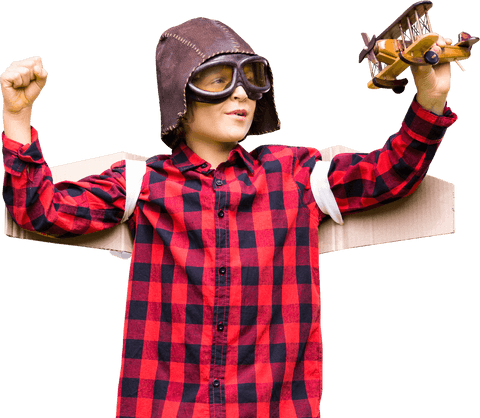 Boy in Transparent Aviator Outfit Holding Toy Airplane