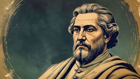 Elderly philosopher in vintage robe against textured background