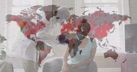 Doctor administering vaccine with global impact map overlay