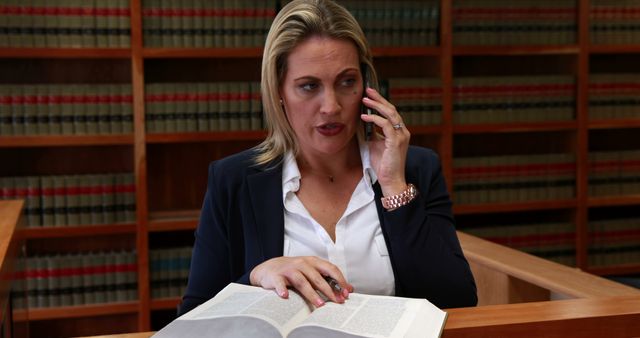 A middle-aged Caucasian woman, a lawyer or businesswoman, is focused on a book while talking on her mobile phone, with copy space. Her professional attire and the legal books in the background suggest she is working in a law library or office.