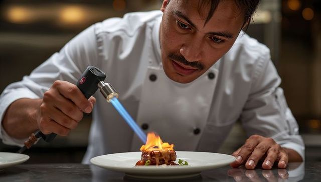 Chef caramelizing gourmet dessert with blowtorch on white plate in professional kitchen