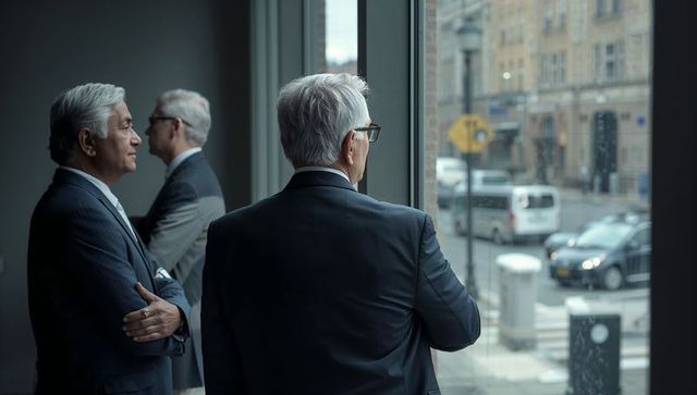 Senior executives watching rainy city traffic through office window during strategic reflection