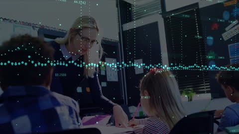 Teacher Guiding Schoolchildren with Digital Data Visualization Overlay