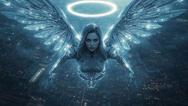 Cyborg Guardian Angel with Mechanical Wings Over Futuristic City