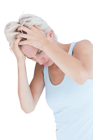 Transparent Anxiety Concept with Sad Blonde Woman Touching Forehead