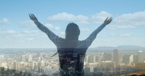 Silhouette of Woman Celebrating Overlooking Cityscape - Download Free Stock Images Pikwizard.com