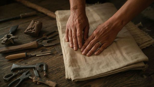 Hands pressing linen on rustic workbench with vintage hand tools for artisan workshop
