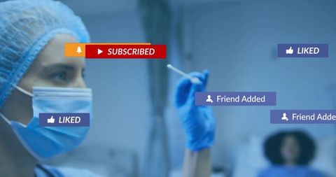 Nurse holding sterile swab wearing mask and gloves with social media overlays in hospital