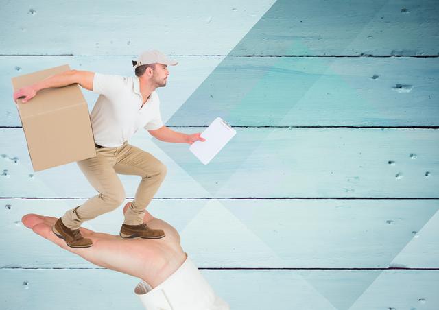 Creative concept showing a delivery man carrying a parcel box and clipboard, standing on a giant hand against a wooden plank background. Ideal for illustrating logistics, courier services, express delivery, and shipping concepts. Useful for marketing materials, advertisements, and websites related to delivery and transportation services.