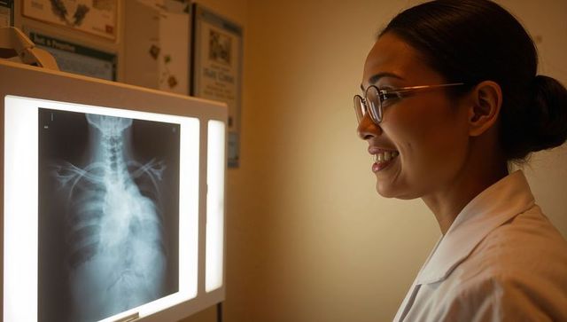 Female doctor reviewing chest x-ray on lightbox in clinic wearing lab coat and glasses