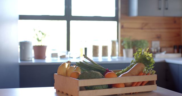 Crate of Fresh Fruits and Vegetables on Sunlit Kitchen Worktop - Download Free Stock Images Pikwizard.com