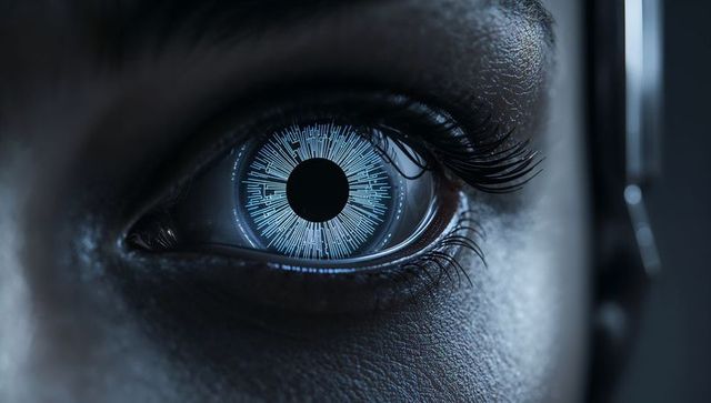 Close-Up Cybernetic Eye Featuring Glowing Blue Iris and Metallic Ocular Implant