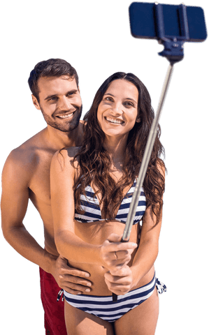 Caucasian Couple in Swimwear Taking Selfie Transparent Background
