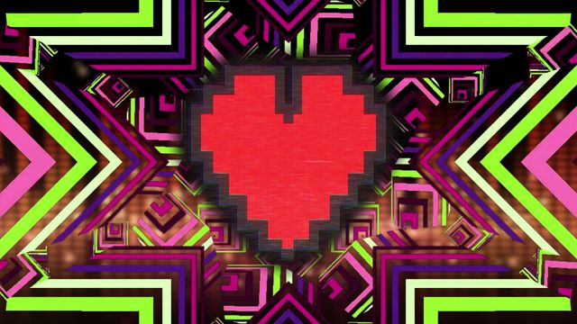 Features a central red pixelated heart set against a vibrant, symmetrical kaleidoscopic background with geometric patterns and bold colors. Ideal for use in digital art projects, background designs for websites or presentations, valentine's day promotions, and visual displays needing a touch of modern and abstract aesthetic.