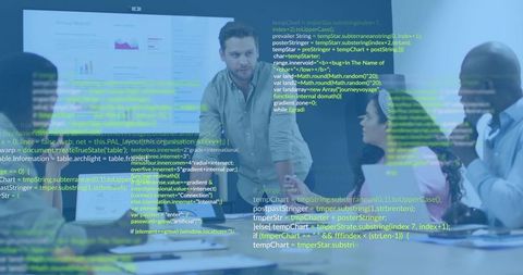 Leader Presenting Data and Code Overlay while Team Collaborating on Dashboard Strategy