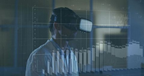 Researcher wearing VR headset exploring holographic data visualization, analytics in lab