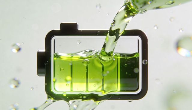 Pouring neon green liquid into three-cell battery icon charging concept for clean energy