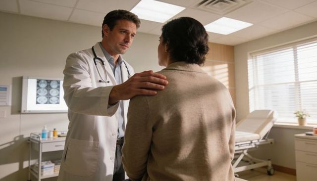 Doctor comforting patient during clinical consultation with supportive touch and reassurance