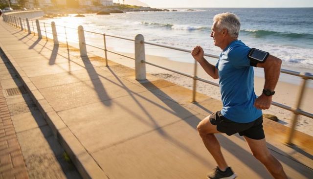 Senior man running along seaside promenade at golden hour wearing fitness armband