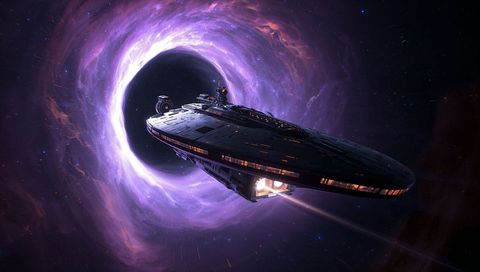Disk starship approaching luminous purple wormhole over nebula portal, futuristic voyage