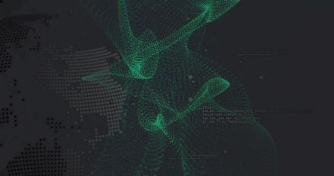 Futuristic Green Particle Ribbon Flowing Over Dark Digital Globe With Code Mesh